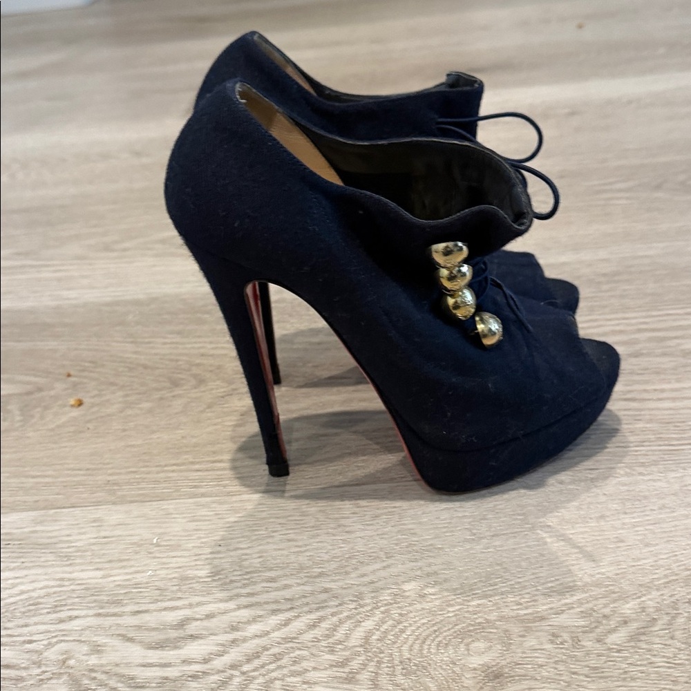 Christian Louboutin Navy Flannel "Loubout" 150 Peep-Toe Booties - Picture 3 of 8